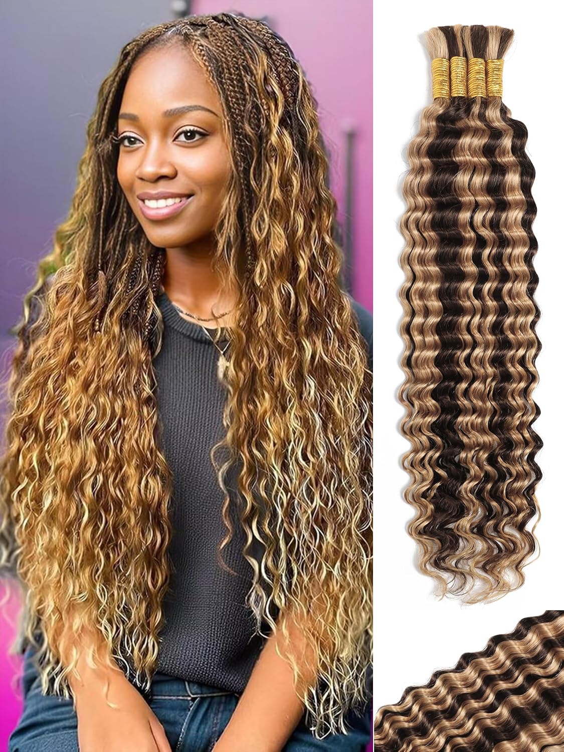 Human Braiding Hair - 18 Inch Deep Wave Bulk Extensions | 4 Bundles, No Weft, 10A Quality