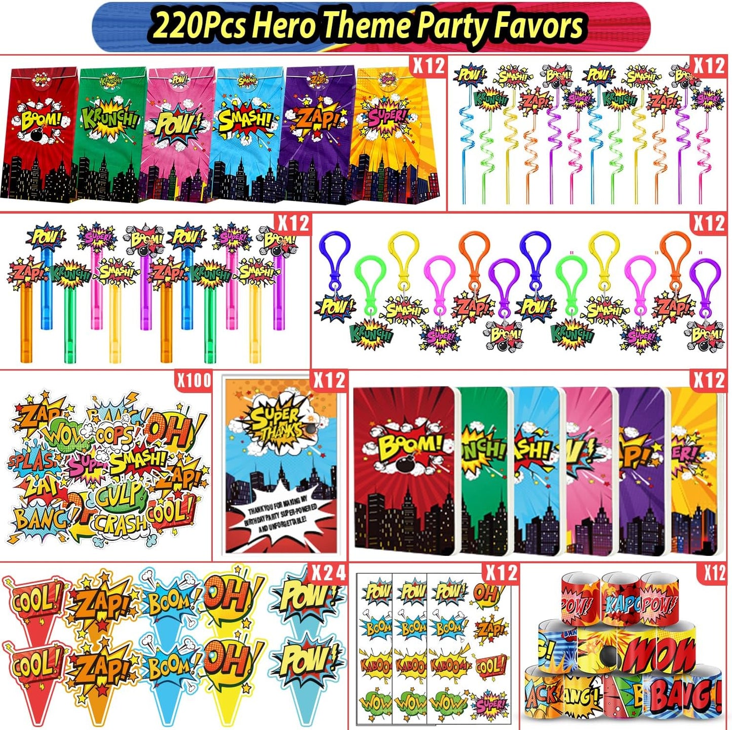 Hero Party Favors Kit - 220PCS Birthday Supplies with Goodie Bags, Straws, Bubble Wands & Notebooks | Ideal for Party Decorations & Piñata Fillers