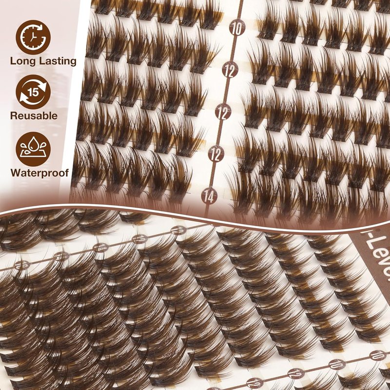 Brown Lash Clusters - Wispy Fluffy Individual Eyelash Extensions | Dark Brown Featherlight Lashes, CC Curl, 270PCS (10-12-14-16MM)