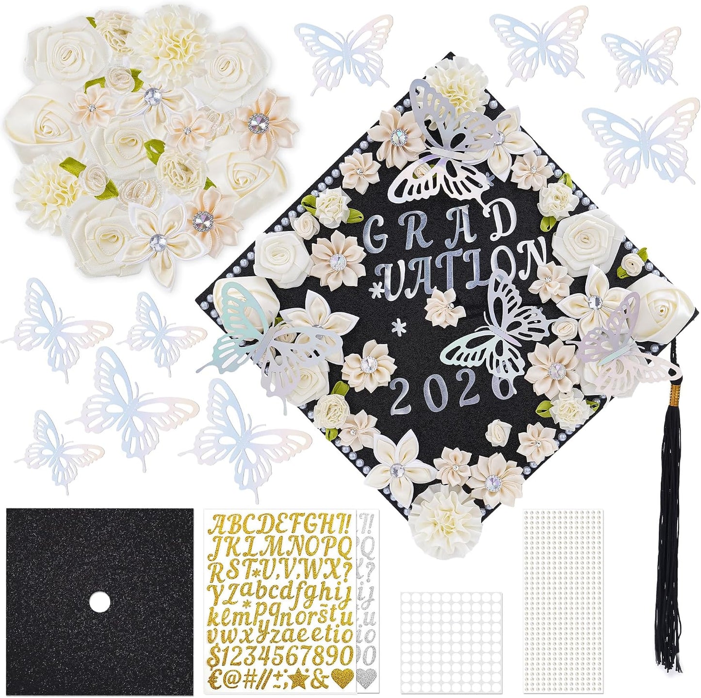 Graduation Cap Decoration Kit - 56 Pcs DIY Pink Flowers, Rhinestones & Glitter Butterflies | 2026 Grad Hat Topper