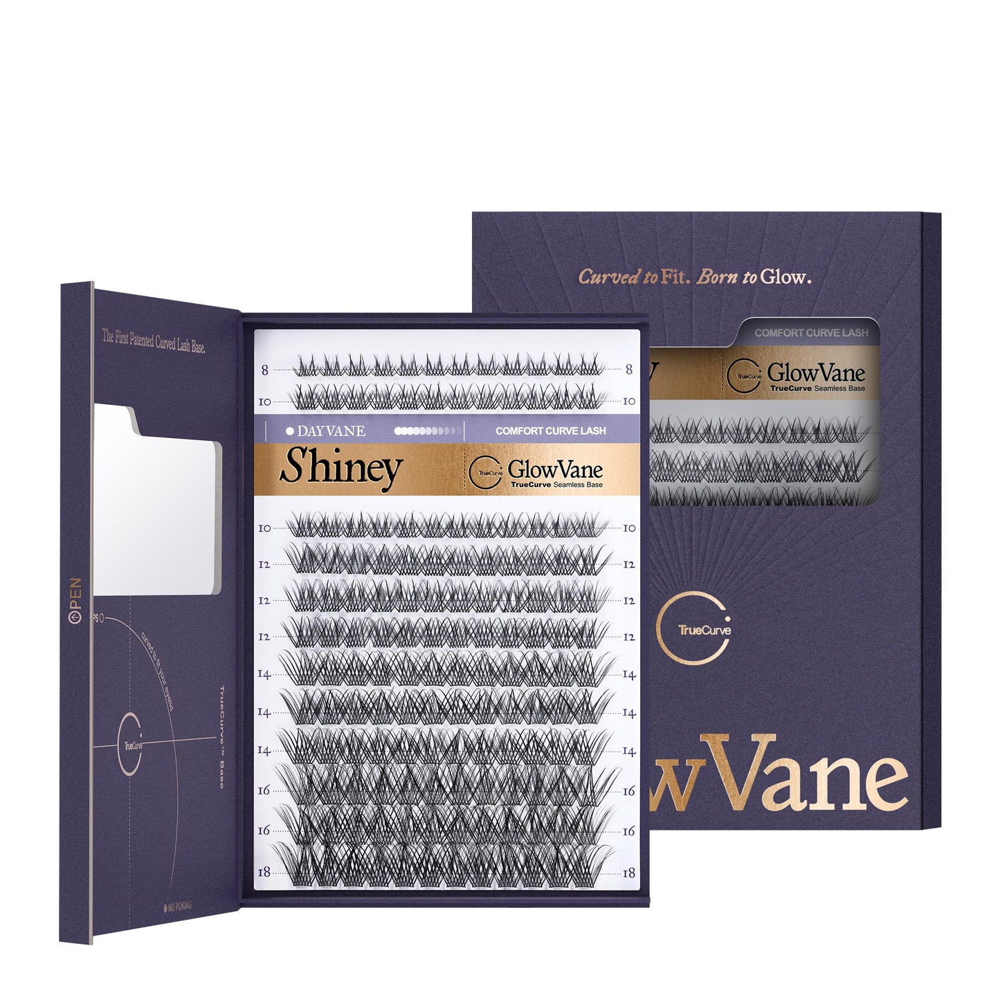 GlowVane TrueCurve Lash Clusters, Soft Natural Look Eyelash Clusters for All-Day Comfort, 0.03mm Wispy D Curl Lashes, 8-18mm Lightweight Curved Band Lashes, Use-Friendly (Shiney)