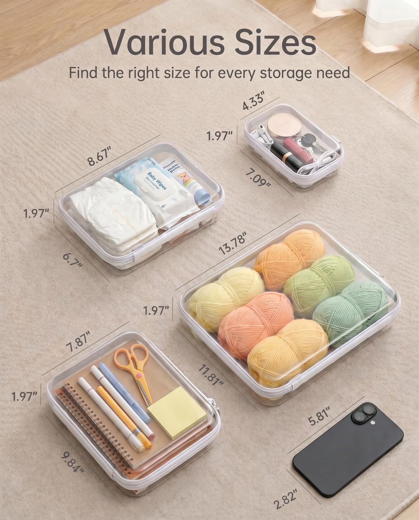 3 Pack Large Clear Hard Shell Zipper Case, Diaper Bag Organizer Pouches, Water-Resistant Travel Toiletry Bags for Baby Essentials, Toys, Cables, Crafts, Makeup, White