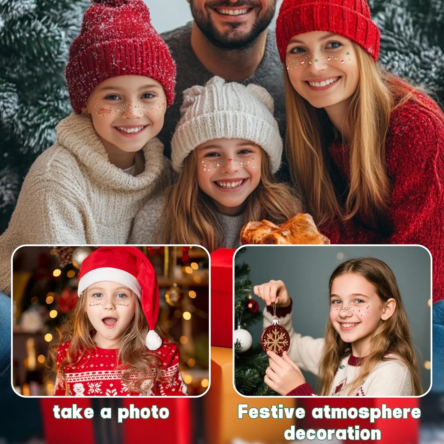 Christmas Face Temporary Tattoos - 8 Pcs Waterproof Glitter Freckles for Kids & Women | Holiday Party Makeup
