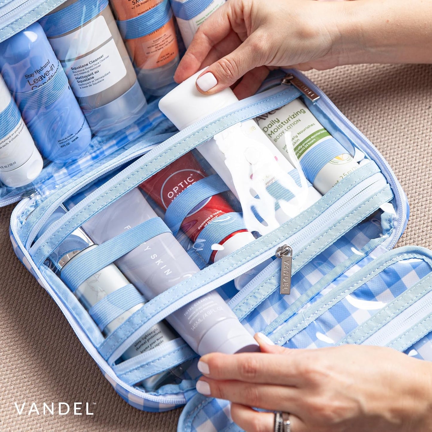 Waterproof Hanging Toiletry Bag - TSA-Approved Makeup Organizer | Blue Gingham Travel Cosmetic Case