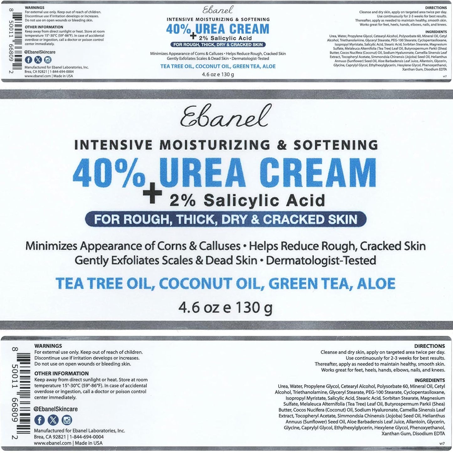 Ebanel Urea Cream 40% & Salicylic Acid 2% - Intensive Foot Cream for Dry, Cracked Heels & Skin Repair | 2-Pack