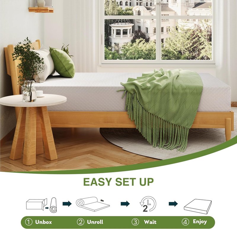 EGOHOME 12-Inch Queen Memory Foam Mattress - Cooling Green Tea Gel, Medium Firm Support | 80''L x 60''W, White