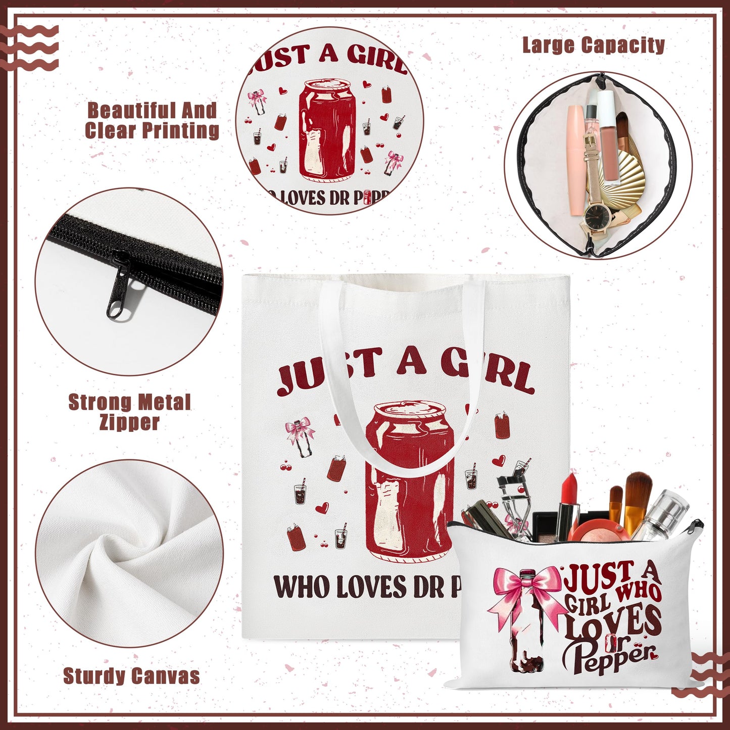 Jollaroo Drinks Lovers Canvas Bags - 2Pcs Soda Drinks Lover Gift Tote Bag Makeup Bag, Bring Me A Pepper And Tell Me I’m Pretty Handbag Cosmetic Pouch, Supply for Birthday Party Vodka Drinkers