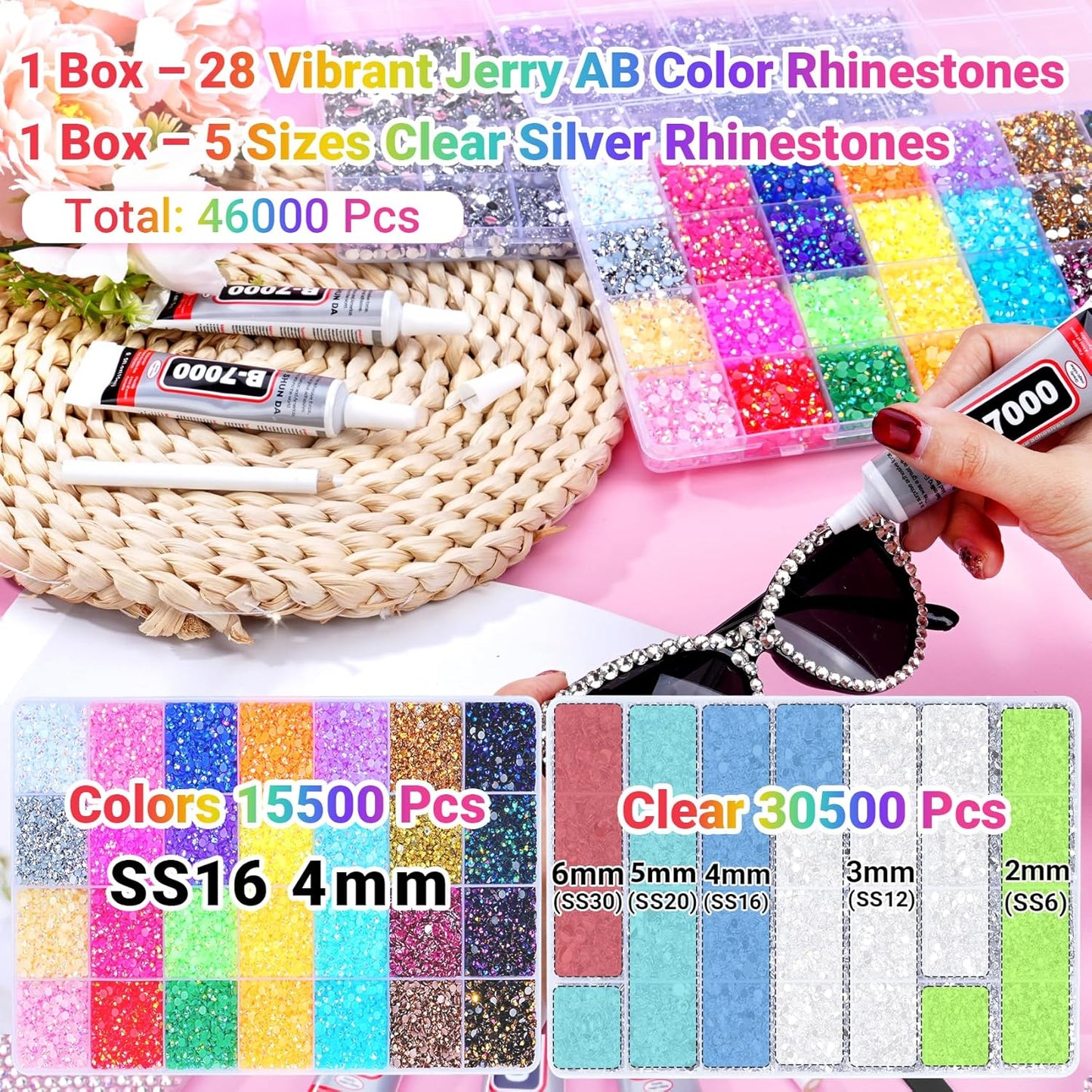 Jelly Rhinestones - 46000 Pcs Multicolor & Silver Flatback Gems | 4mm-6mm Crafting Kit with B7000 Jewelry Glue