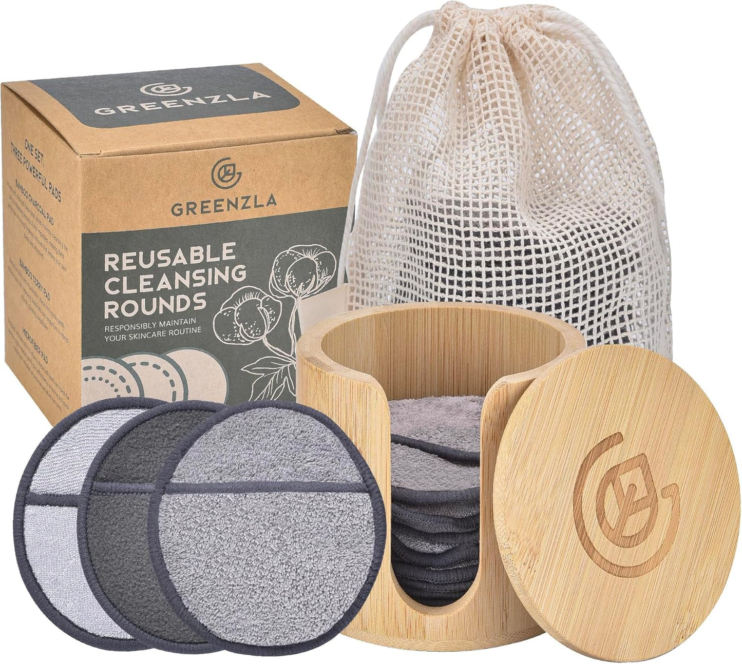 Reusable Makeup Remover Pads - 12 Pack Microfiber Cotton Rounds | Charcoal & Bamboo Terry for All Skin Types