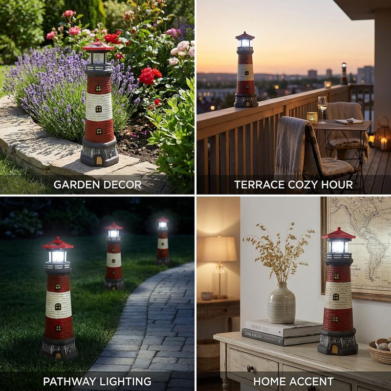Solar Lighthouse Outdoor Statues, 360° Rotating Beacon Garden Lighthouse, 15" Light House for Outside Garden Yard Decor, Waterproof Resin Nautical Figurines for Patio Lawn Landscape Lighting (Red)
