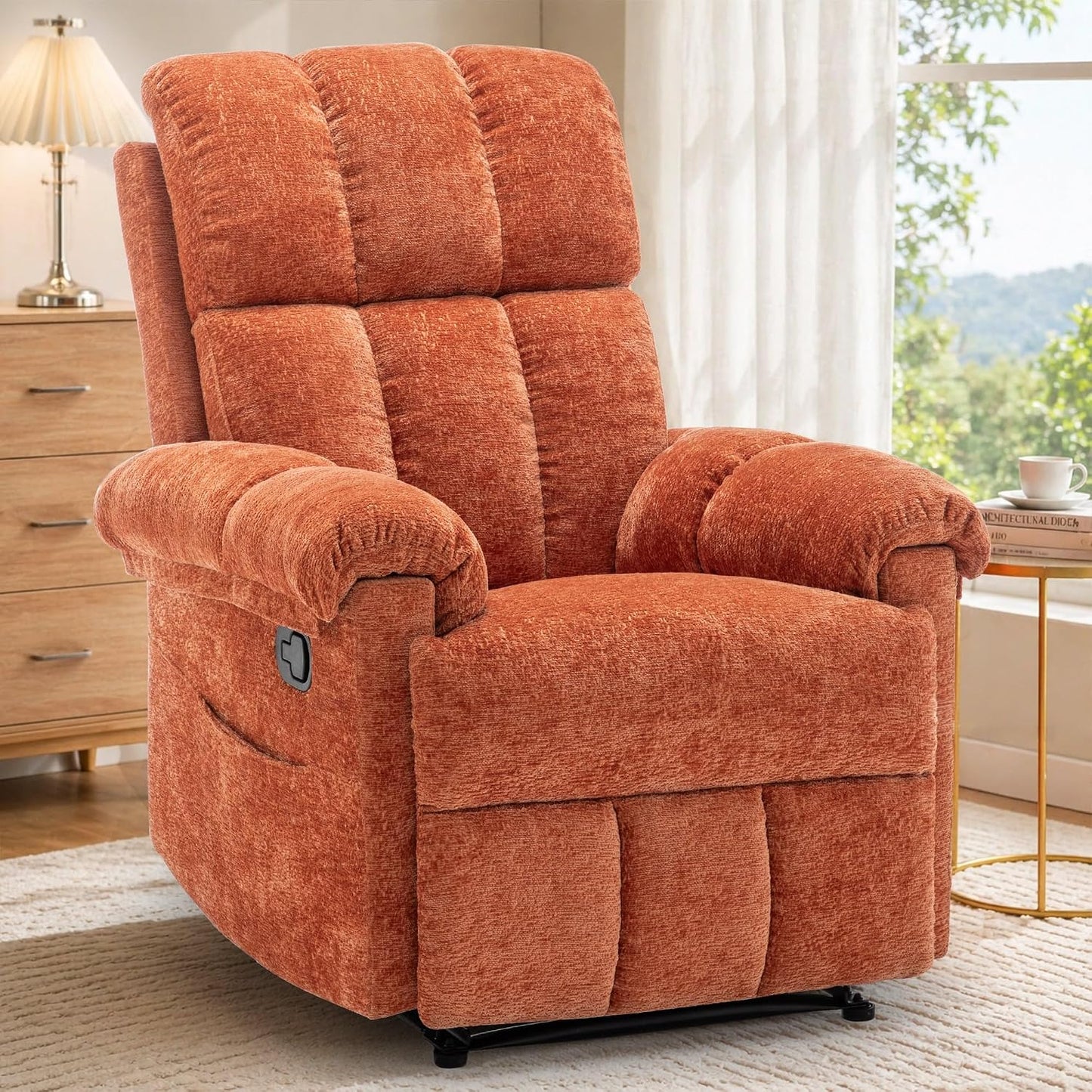 Recliner Chair - Upholstered Manual Recliner for Small Spaces | Modern Chenille Design in Beige with Side Pockets