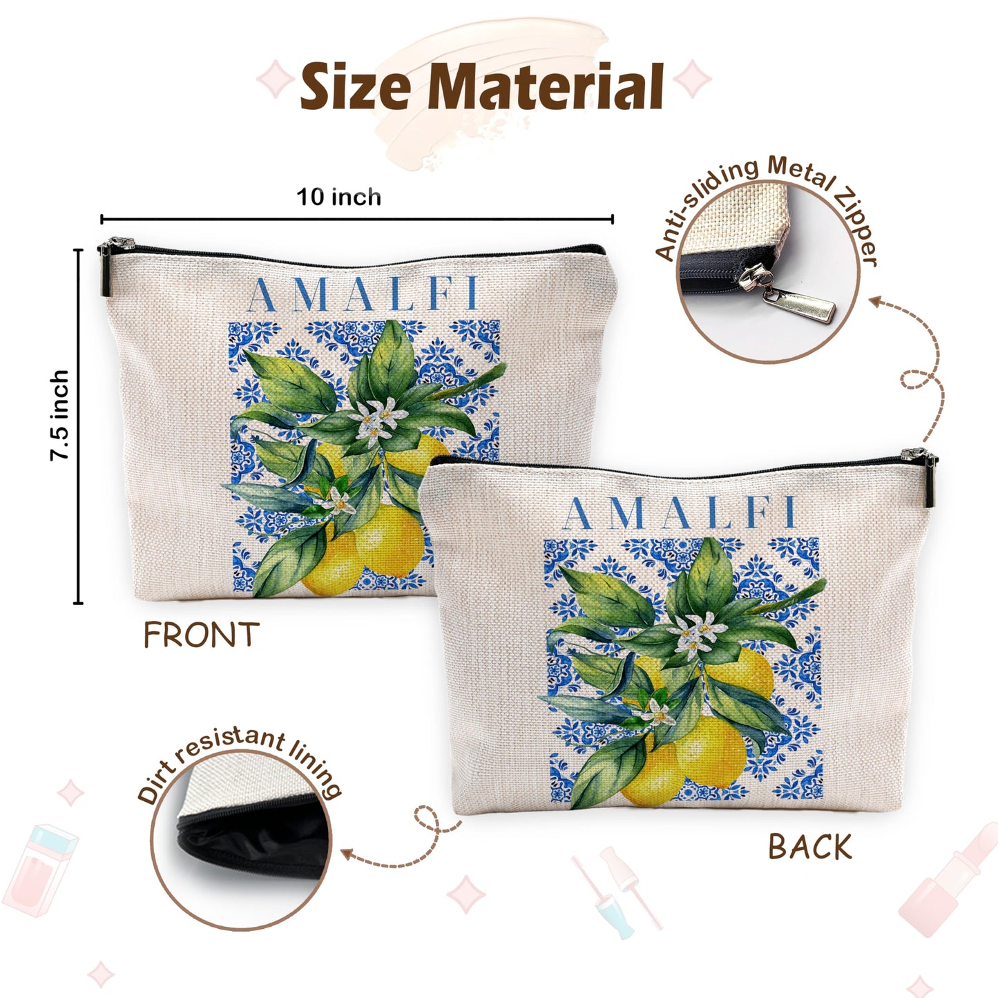 Yomisex Italian Amalfi Coast Lemon Makeup Bag, Blue and White Floral Cosmetic Bags Toiletry Bag for Women, Italian Themed Gifts, Mediterranean Tiles Lemon Tree Makeup Pouch
