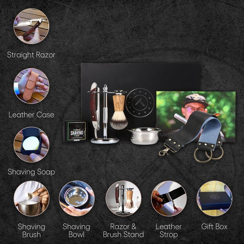 Naked Armor Gaheris Straight Razor Kit – Complete Shaving Kit with Shave Ready Straight Razors for Men, Strop, Stand, Soap, Brush, Bowl, Case, Wet Shaving Men Grooming Gift Set