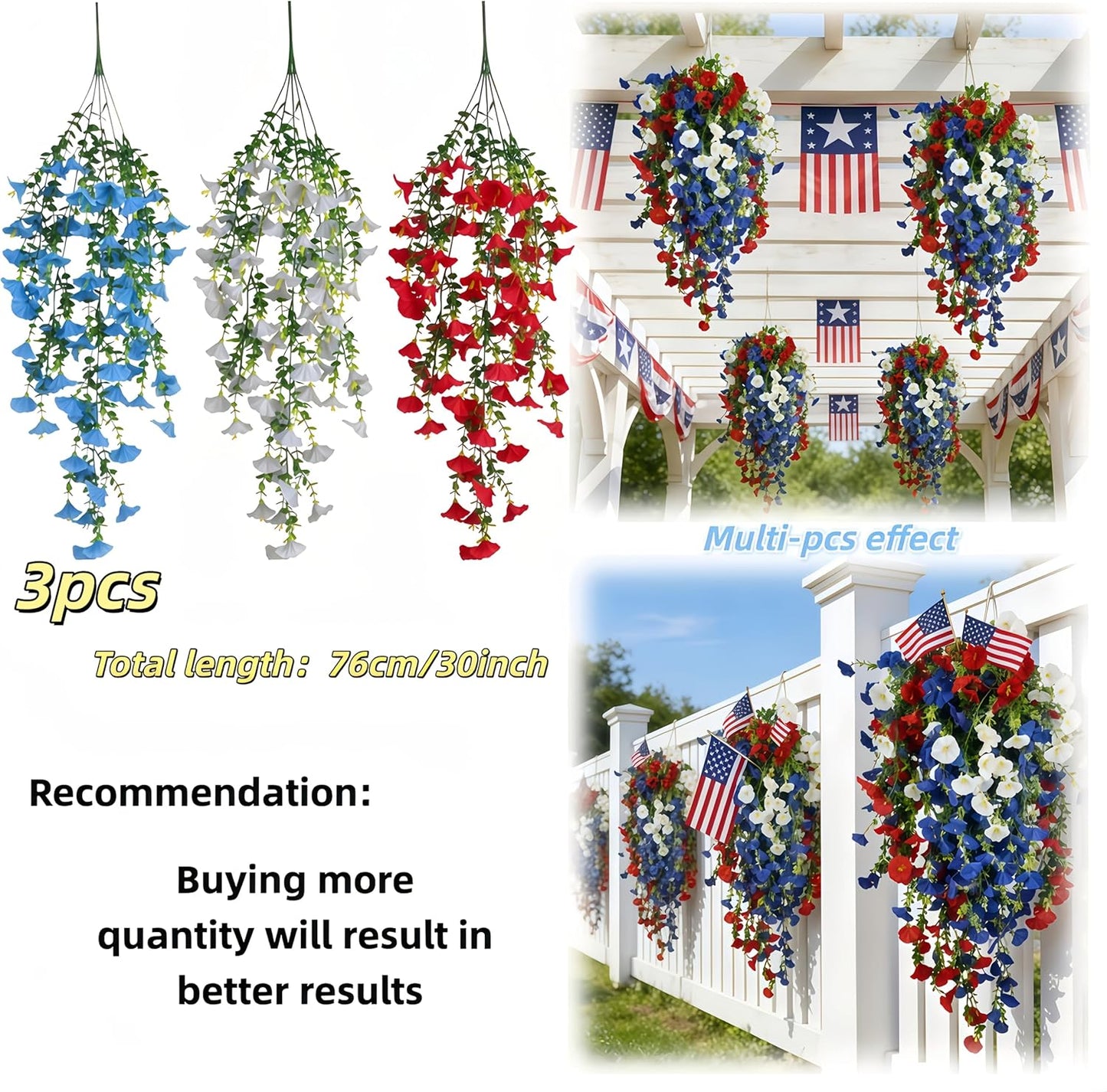 Patriotic Hanging Artificial Flowers - 3-Piece Red, White & Blue Floral Baskets | 4th of July & Memorial Day Outdoor Decor