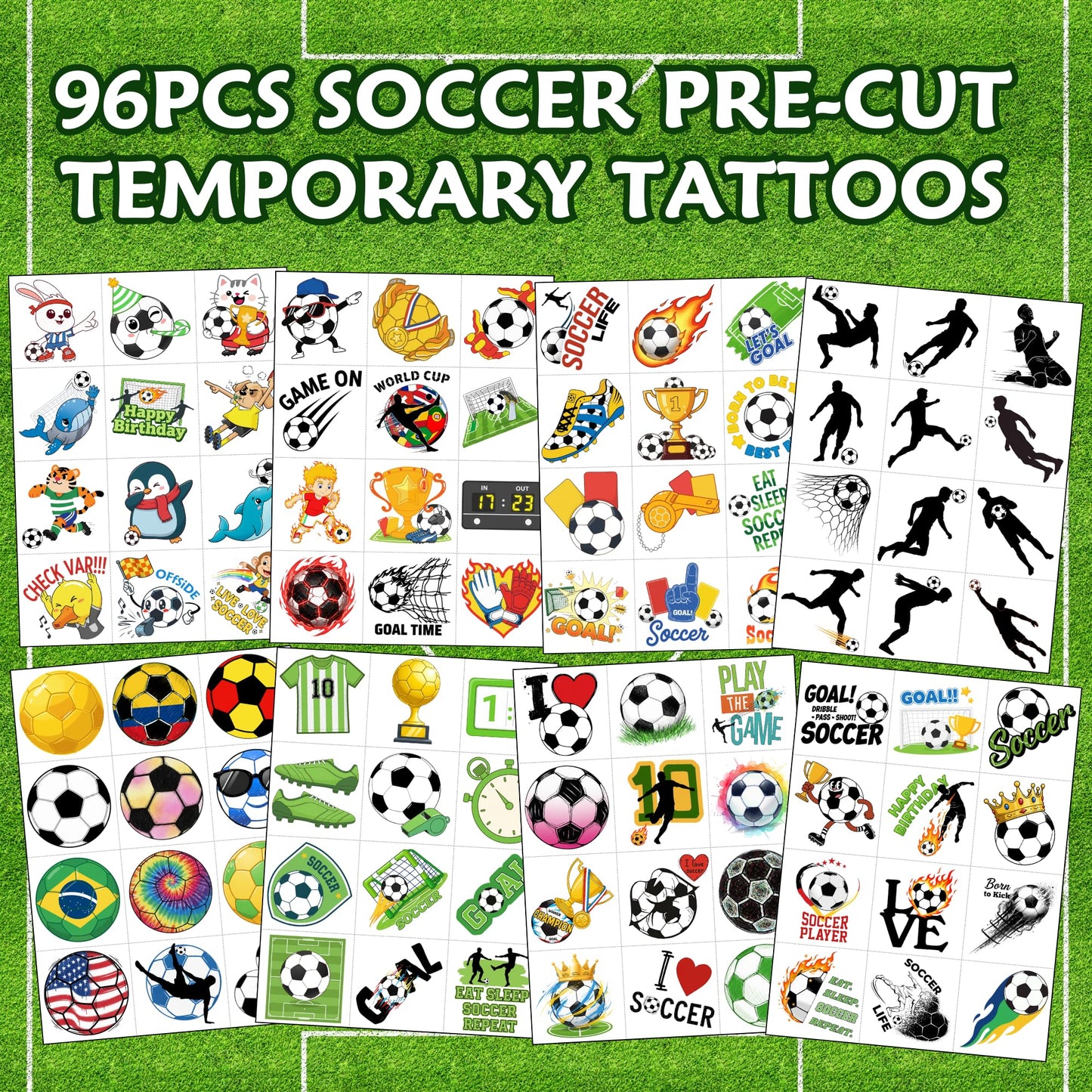 96PCS Soccers Temporary Tattoos Stickers - Sport Soccer Themed Birthday Party Favors Birthday Party Decorations Supplies Accessories Gift Idea For Kids Teen Boys Girls Classroom Prizes Rewards