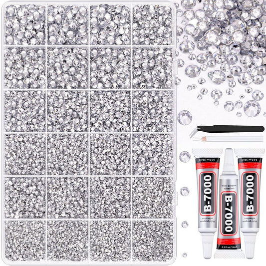 Resin Rhinestones - 32000 Pcs Flatback Gems for Bedazzling | Silver Clear Crystal Kit with 3 Pcs B7000 Glue for Nail Art & Crafts