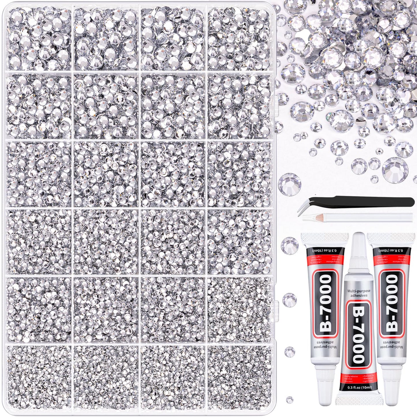 32000 Pcs Black Rhinestones - Flatback Resin Gems for Bedazzling | Jewelry Glue & Tweezers Included
