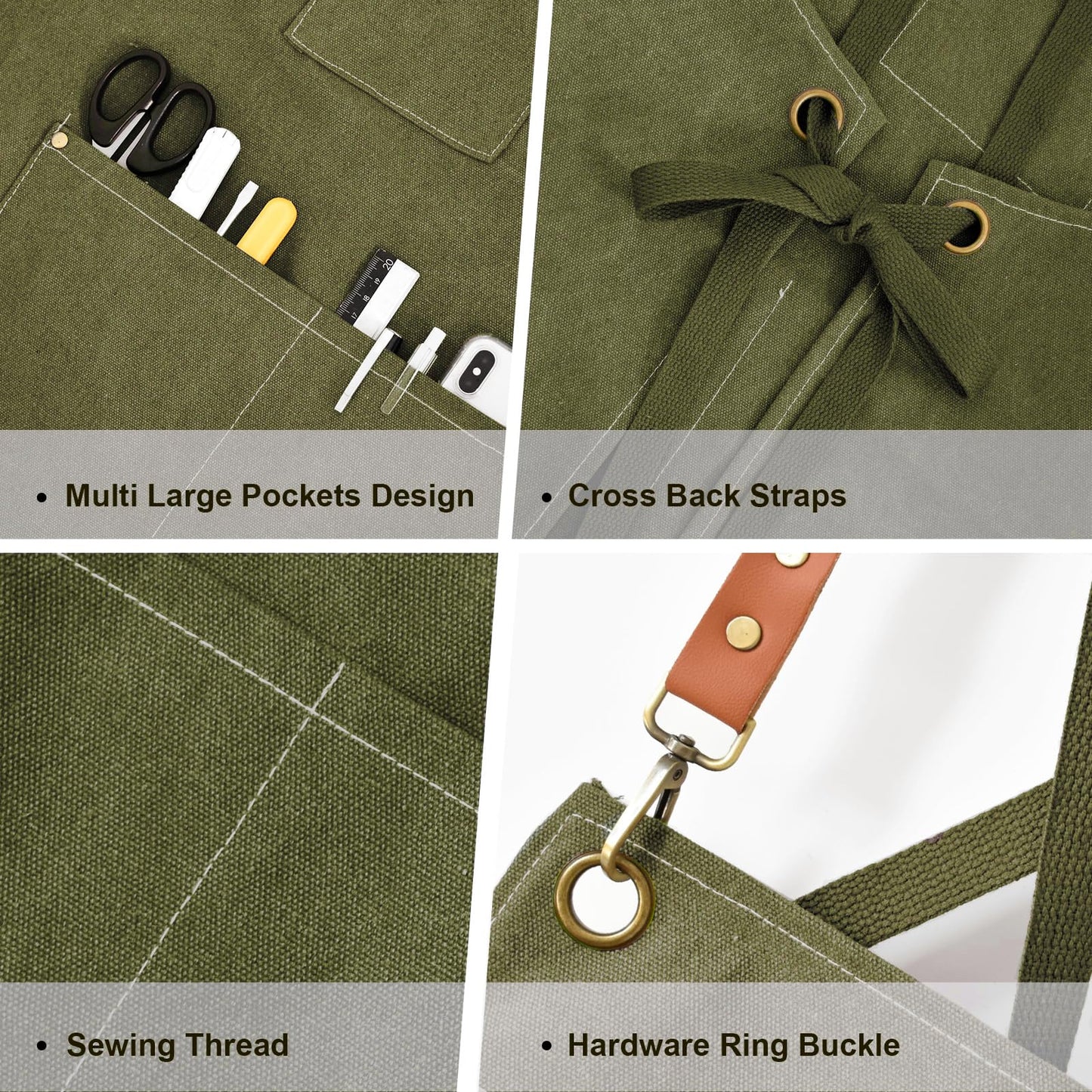 OUNLEN Chef Apron for Men Women Canvas Aprons with 3 Pockets Cross Back Resistant Work Apron for Cooking Grilling Baking BBQ Barber Kitchen (Army green)