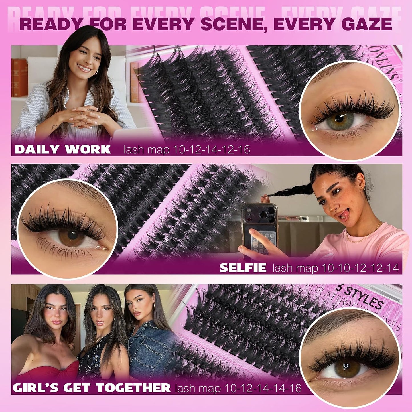 Lash Clusters - Wispy Spiky Individual Eyelash Extensions | DIY D Volume (10-16MM, 3 Styles)