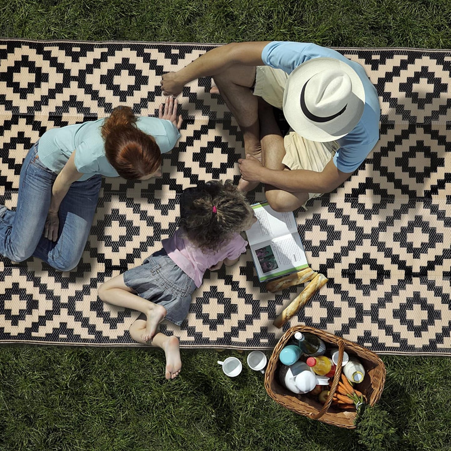 Waterproof Outdoor Rug - Reversible Plastic Area Rug for Patio, RV, Deck | 5x8 ft, Black & Beige