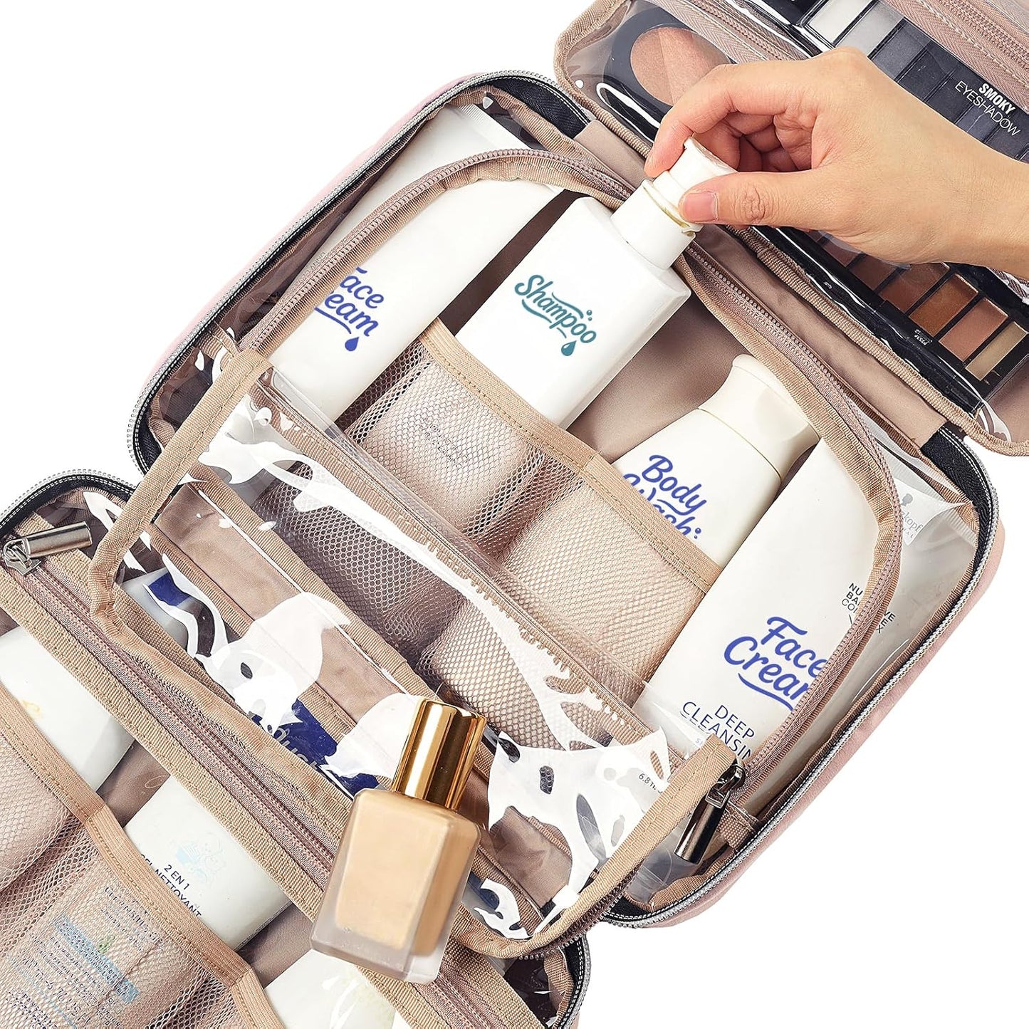 NISHEL Travel Toiletry Bag - Portable Hanging Organizer for Shampoo, Conditioner & Makeup | Medium Pink