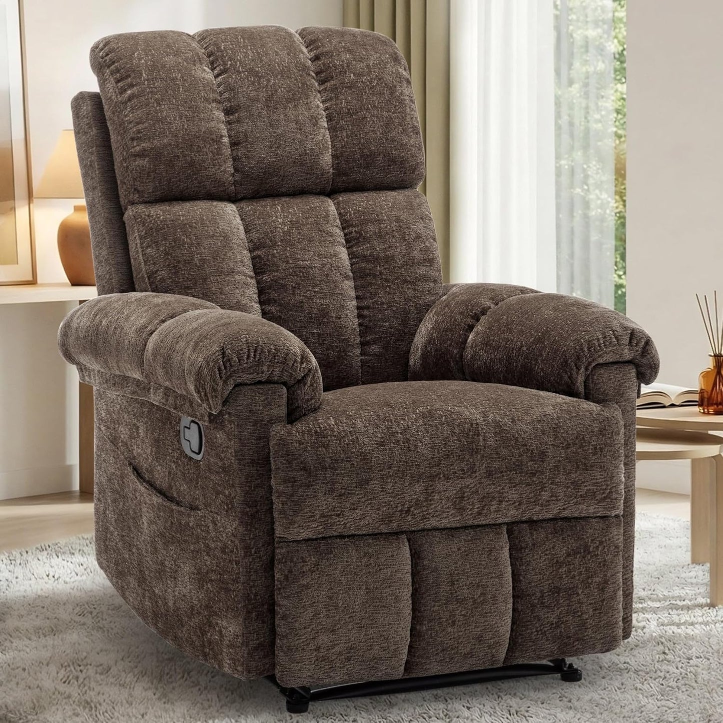 Recliner Chair - Upholstered Manual Recliner for Small Spaces | Modern Chenille Design in Beige with Side Pockets