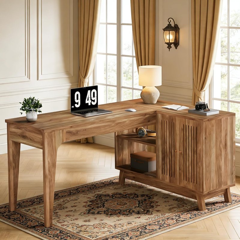 L Shaped Desk with Storage Cabinet - 57" Modern Corner Computer Desk | Space-Saving Wood Writing Desk for Home Office