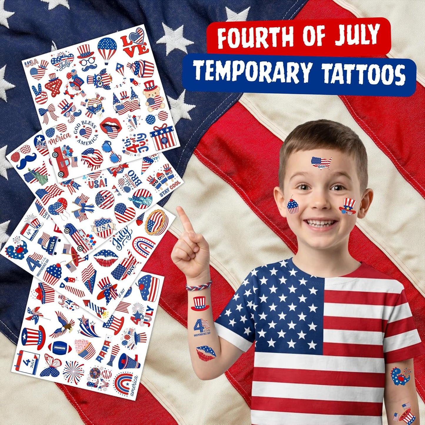 Fourth of July Temporary Tattoos - 105 Patriotic USA Stickers for Party Favors | Red, White & Blue Designs