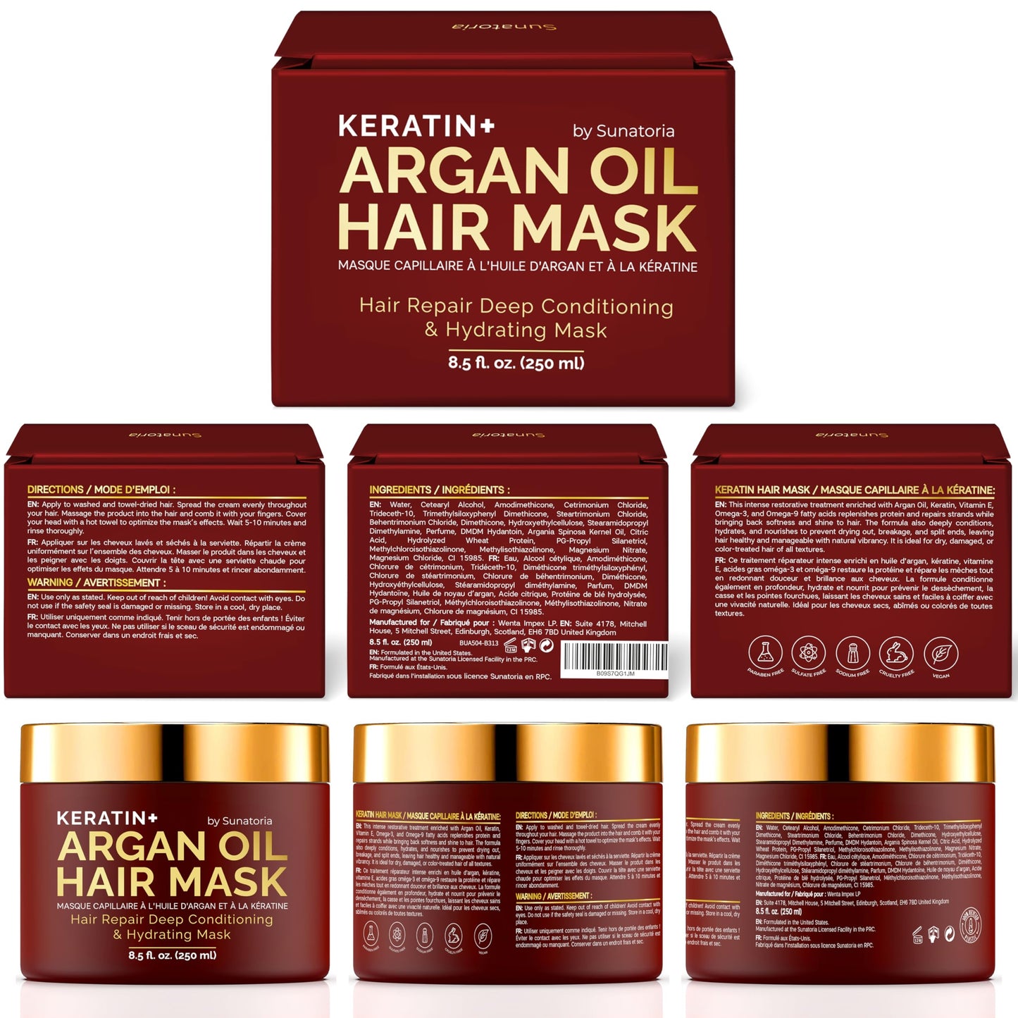 SUNATORIA Argan Oil Hair Mask with Keratin for Dry, Dull, Frizzy Hair - Deep Conditioning Mask for Softness, Smoothness & Shine, 8.5 Fl Oz