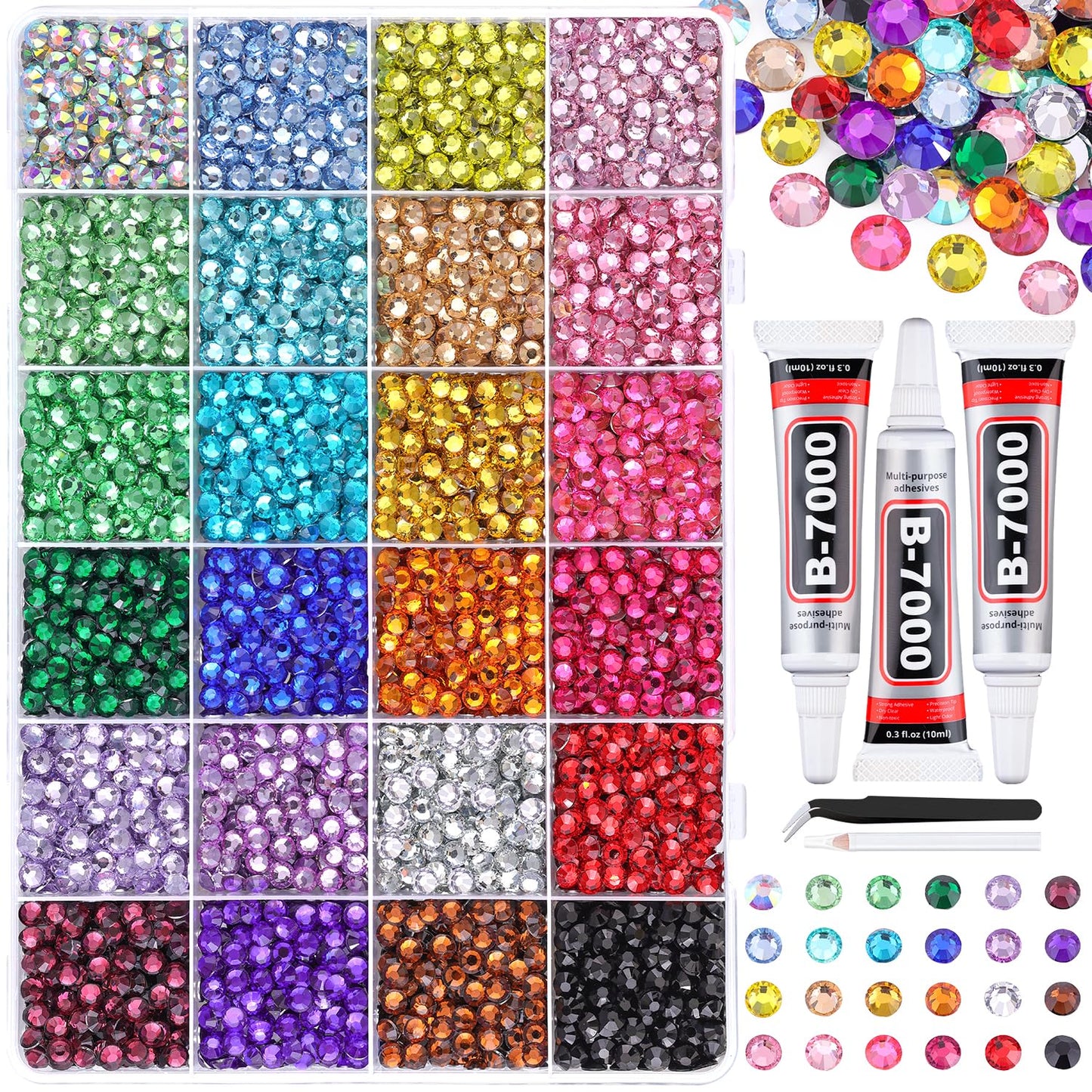 Resin Rhinestones - 32000 Pcs Flatback Gems for Bedazzling | Silver Clear Crystal Kit with 3 Pcs B7000 Glue for Nail Art & Crafts