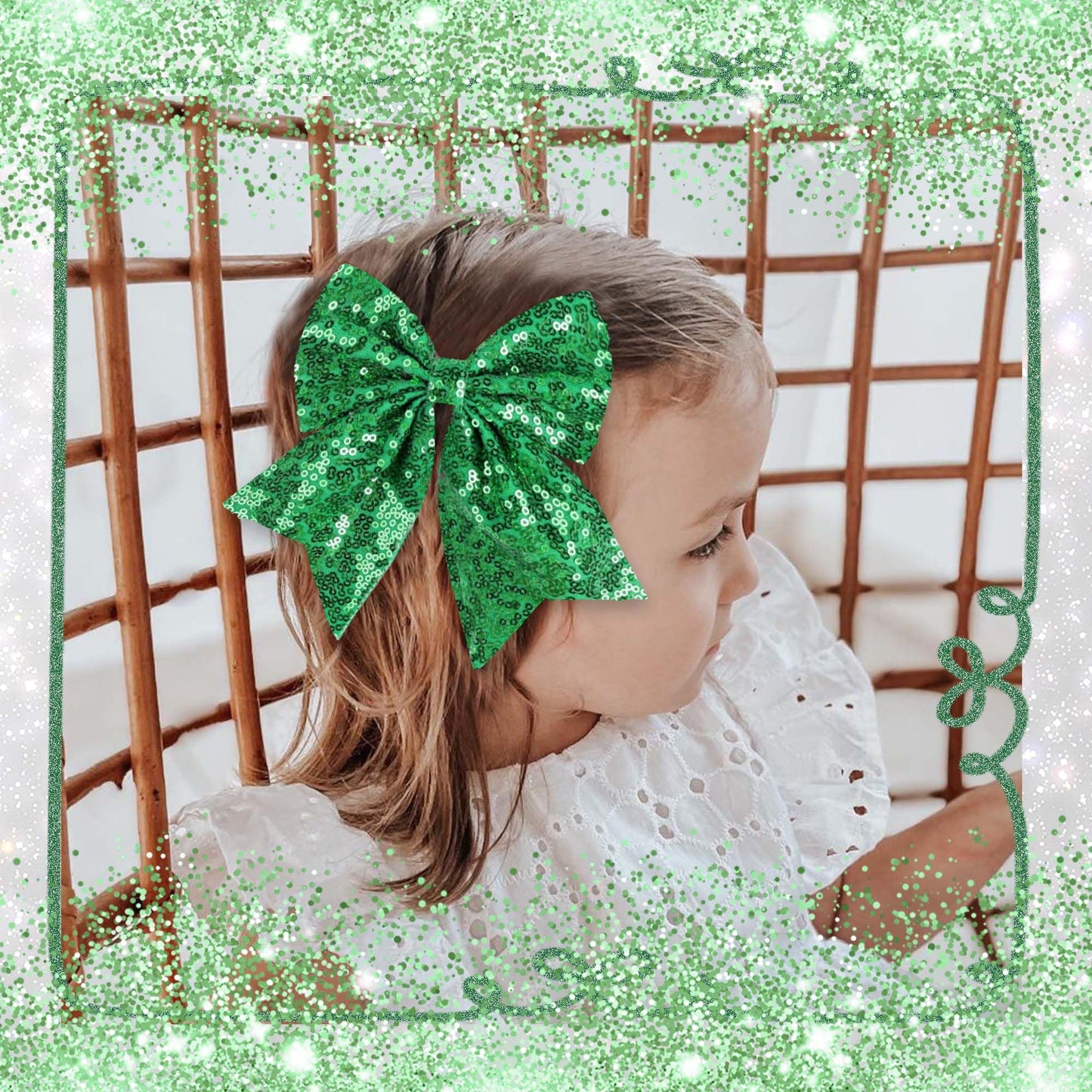 STGDAK Green Bow Clips 7 Inch Glitter Big Bows Sparkly Sequin Cheerleading Bow For Girls Bling St. Patrick's Day Hair Accessories For Women Softball Festivals St. Patrick's Day