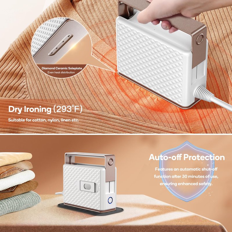 Newbealer Travel Steam Iron for Clothes, Global Voltage 100-240V Handheld Steamer, 293℉ Dry Ironing, Non-Stick Ceramic Soleplate, Horizontal & Vertical Steaming, Auto-off, Silicone Mat & Bag, 1.5 lbs