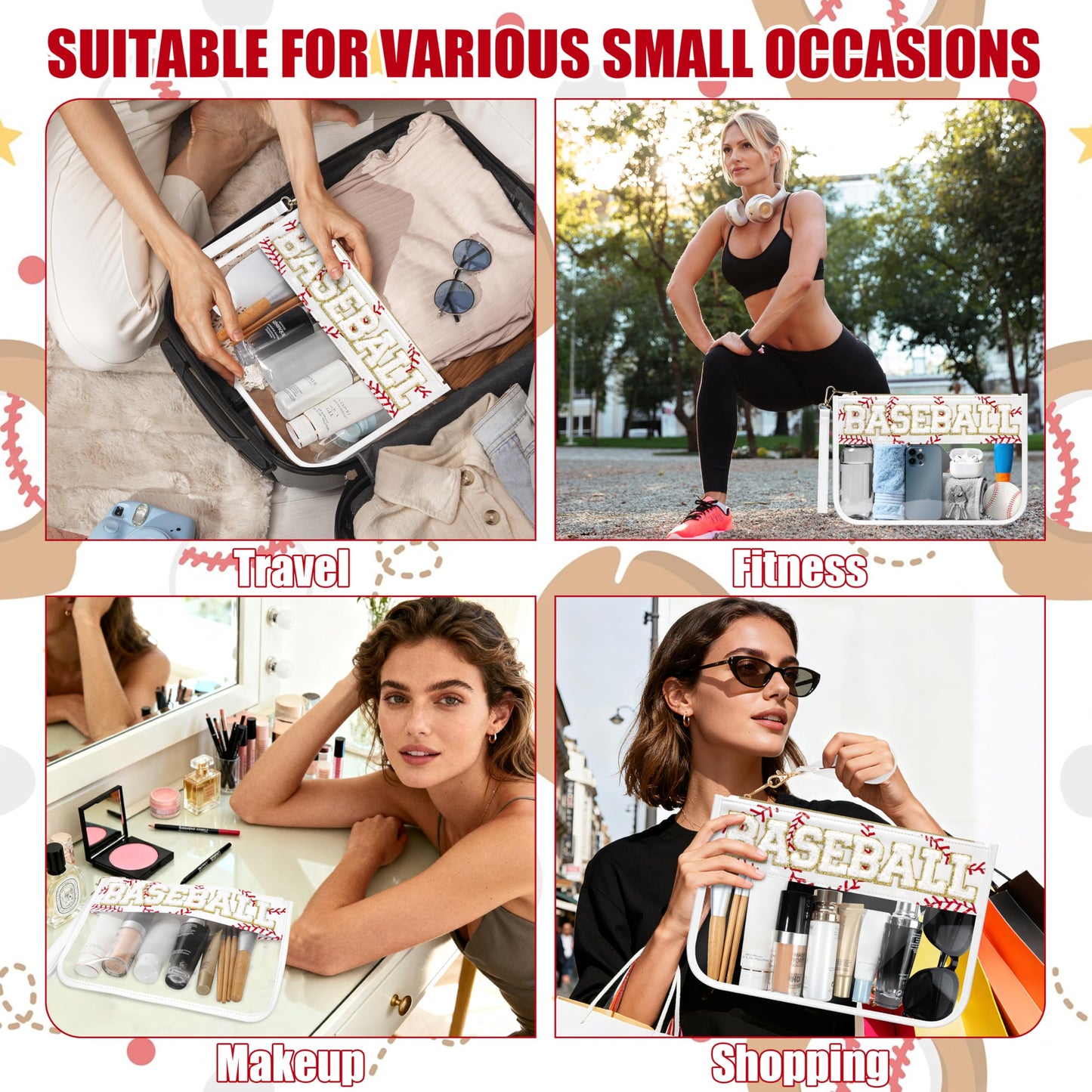 BuyCard Baseball Gifts Makeup Bag with Chenille Letter Patch, Clear Cosmetic Pouch PVC Organizer Purse, Waterproof Travel Bag, Portable Toiletry Storage Bag for Her Friends