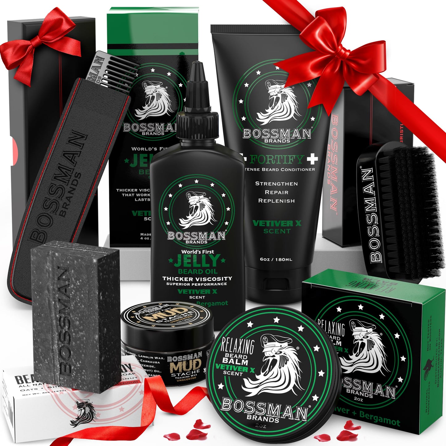 Bossman Big Boss Beard Care Kit for Men - Dad Gifts for Father's Day, 7 Piece Beard Grooming Kit, Jelly Beard Oil, Beard Conditioner, Beard Balm, MUDstache Wax, Bar Soap, Metal Comb, Brush (Royal Oud)