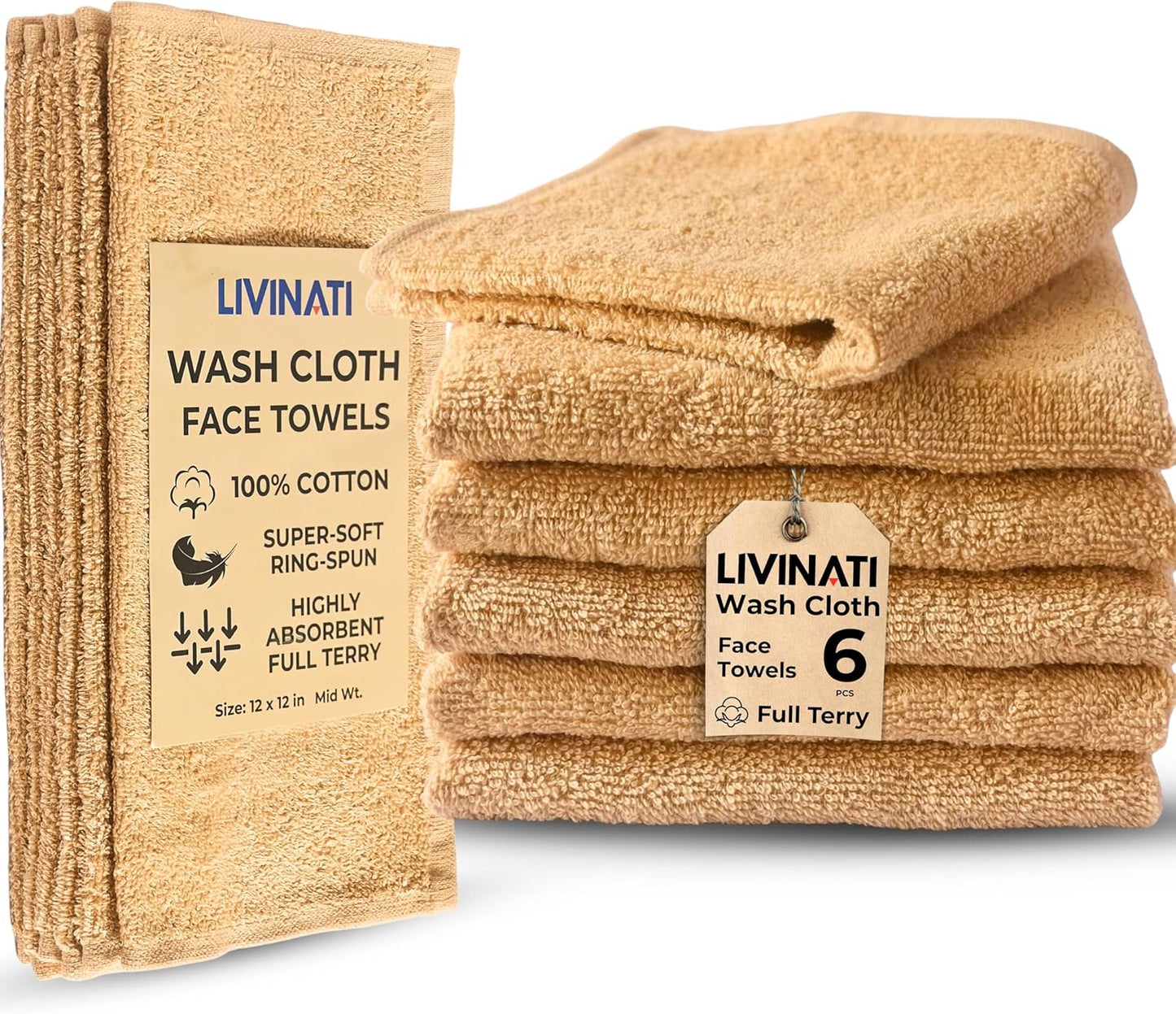 100% Cotton Wash Cloths - Soft Absorbent Shower & Face Towels | 12" x 12" | 6-Pack for Adults & Kids