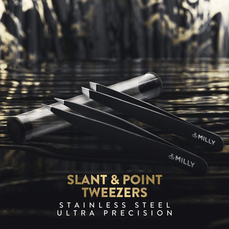 By MILLY Precision Tweezers Set | Slanted & Pointed Tip Tweezers Kit | High Carbon Stainless Steel | Aligned & Hand-Filed Tweezer Set Professional | Hair Removal & Eyebrow Tweezer Set | Black