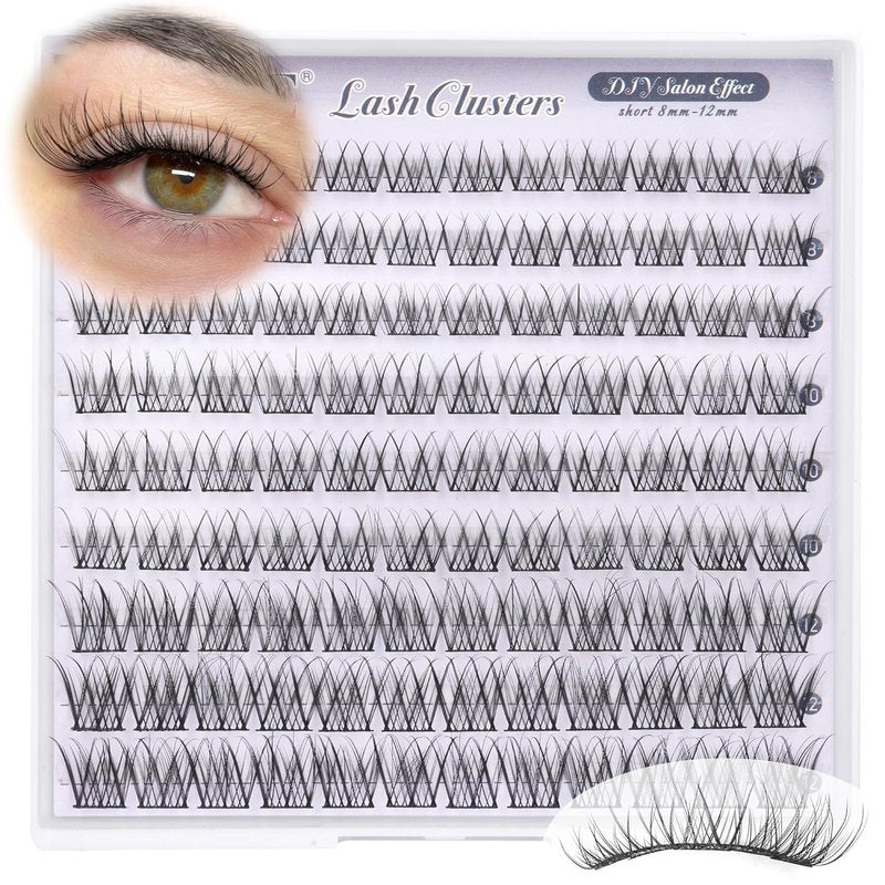Natural Short Lash Clusters - Wispy 8-12mm Individual Eyelash Extensions | Soft Thin Band C-Curl