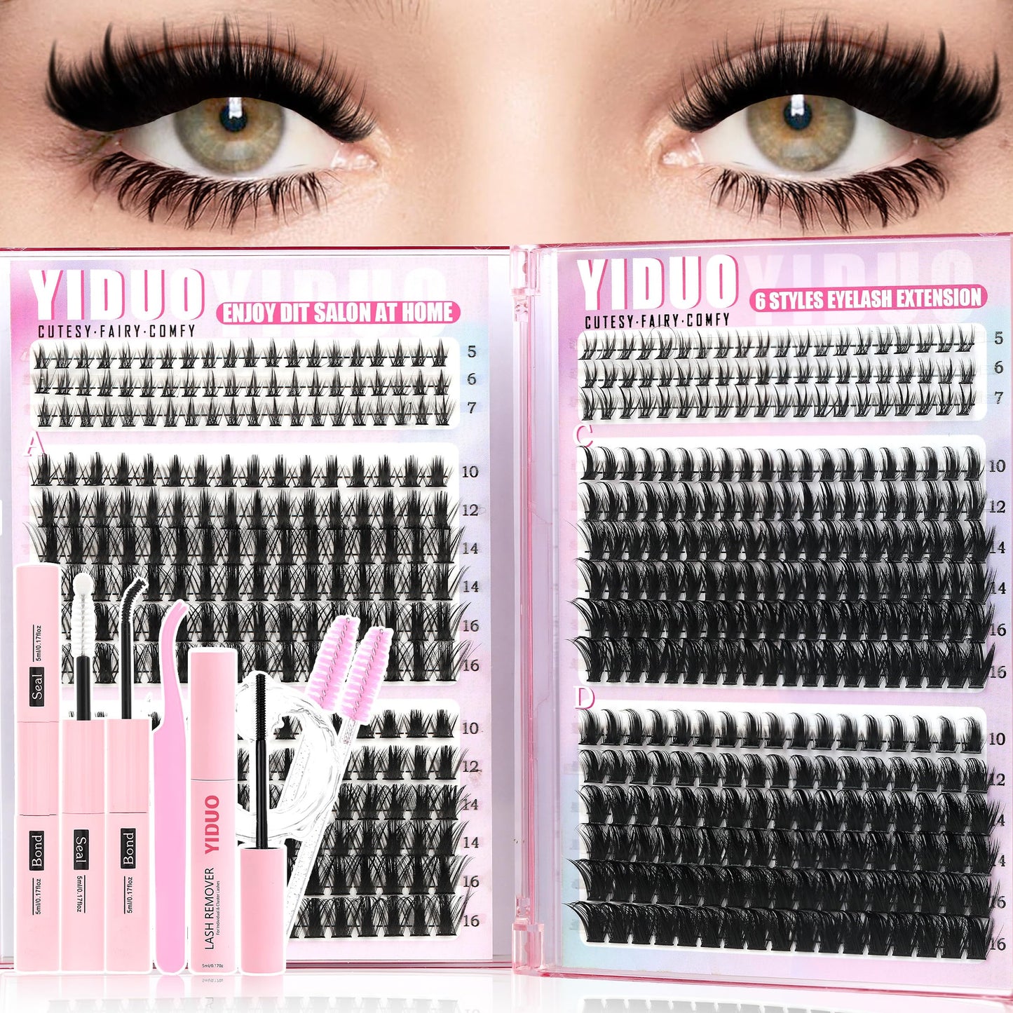 YIDUO Manga Lash Clusters Kit 534Pcs Wispy Fairy Volume Cluster Eyelash Extensions Kit Manga+100D+150D Spikes+Bottom D-curly Lashes Clusters Anime Cosplay Individual Lash Clusters Kit with Lash Glue