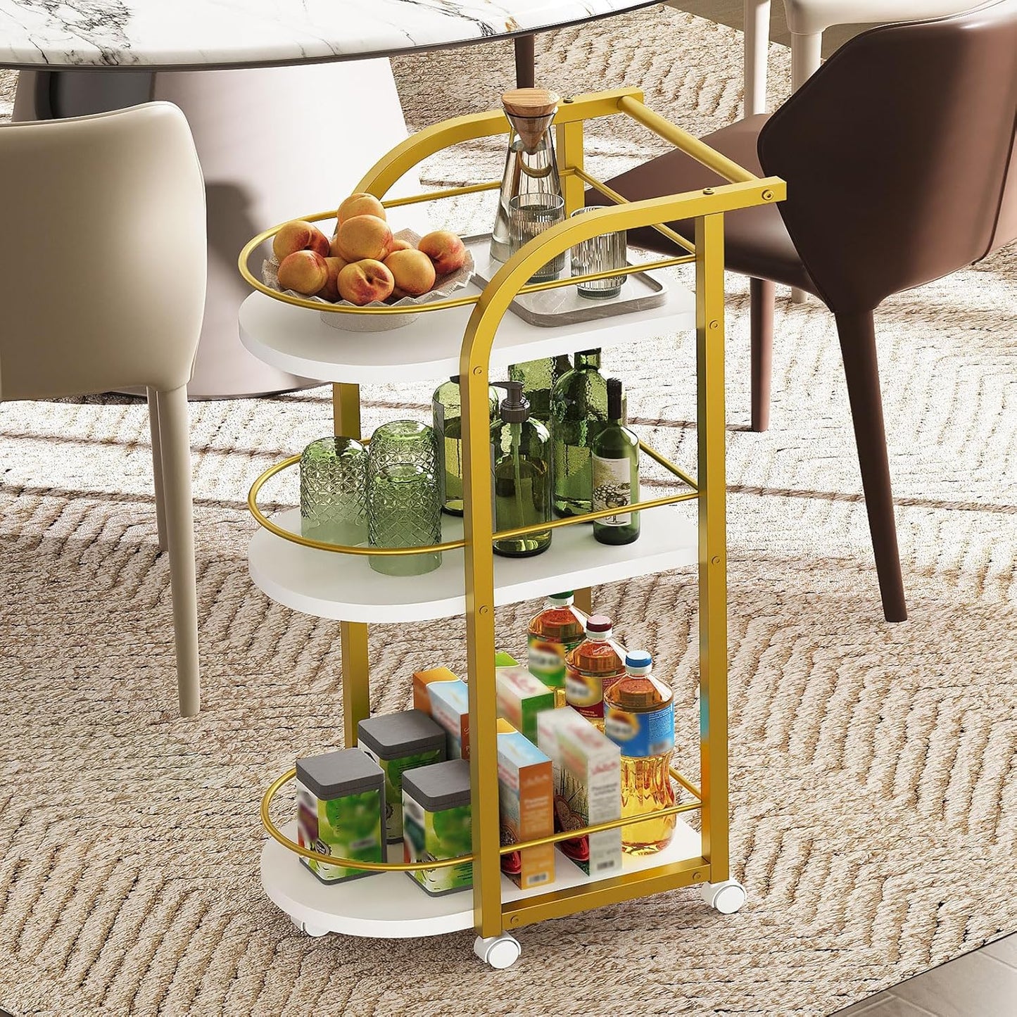 3-Tier Bar Cart - Home Serving Cart with Wheels & Fence | White & Gold Finish for Dining Room, Living Room, Garden