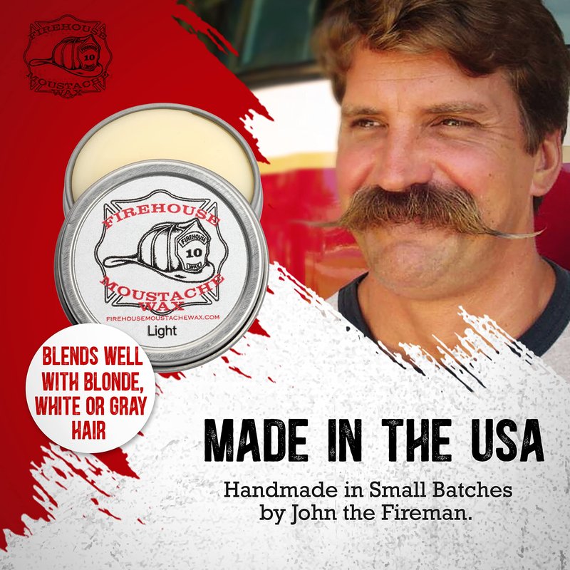 Firehouse Moustache Wax - Made in USA - Light Hold Mustache & Beard Wax - All-Weather, Naturally Scented and Colored (LIGHT, 1 Ounce Tin) - Handmade in Small Batches by John the Fireman
