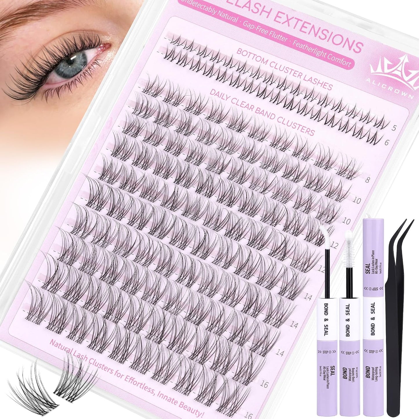 Eyelash Clusters Kit - Natural Wispy C Curl Lash Extensions with Bottom Lashes | 132 Pcs DIY Set