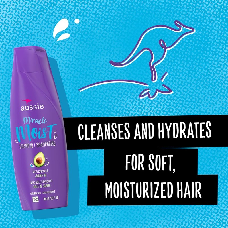 Aussie Miracle Moist Shampoo for Dry Hair - Paraben Free with Avocado & Jojoba | 12.1 Fl Oz