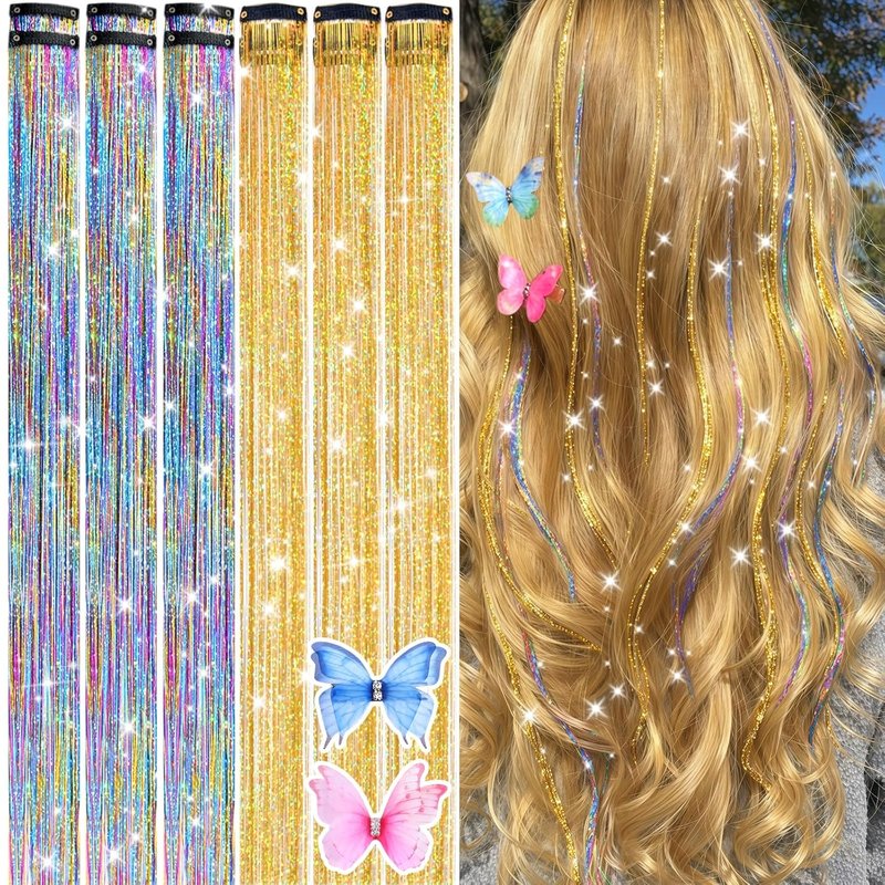 Clip In Hair Tinsel Kit - 26 Inch Colorful Glitter Extensions for Girls & Women | Heat Resistant Sparkly Hair Accessories (Rainbow & Gold)