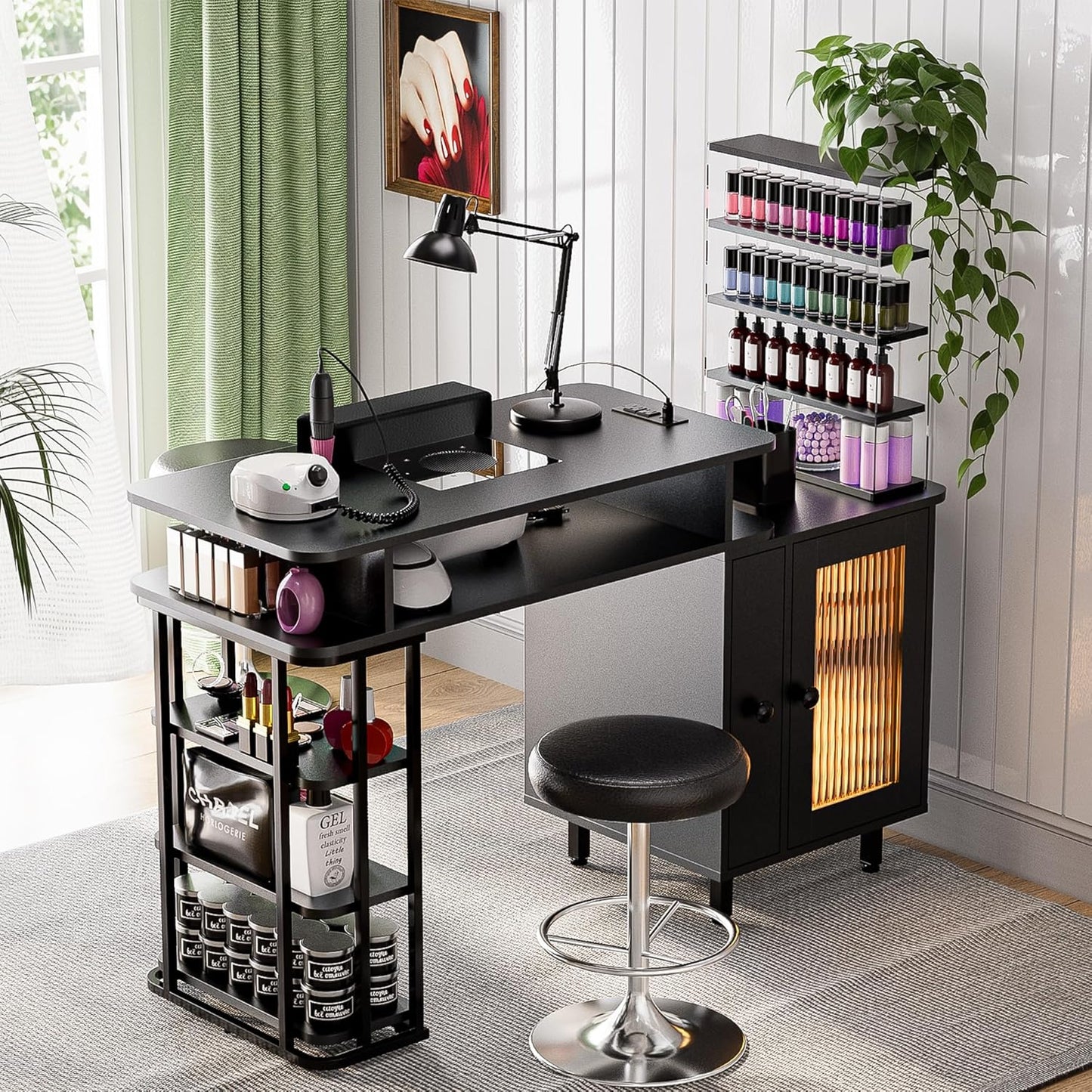 Manicure Table with LED Light - Nail Tech Desk with Dust Collector & Charging Station | White