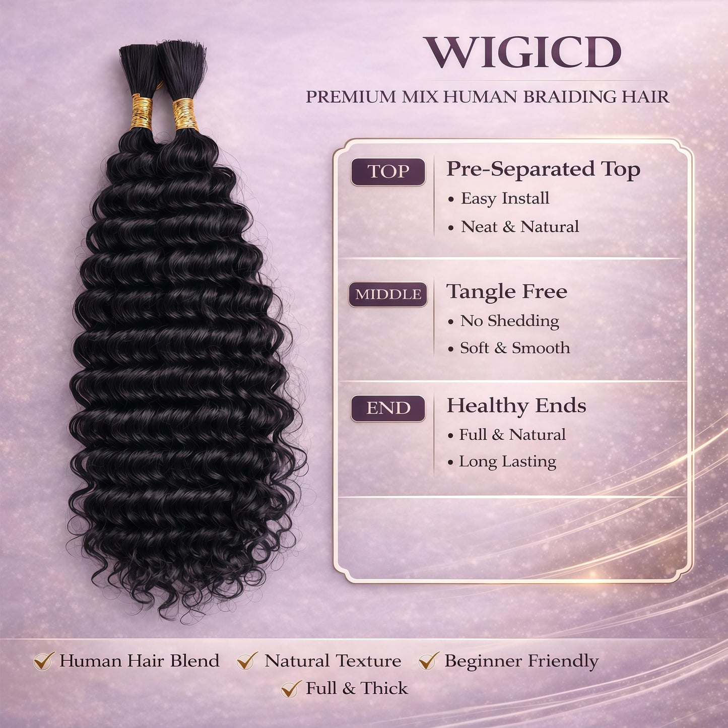 Human Braiding Hair Mix Synthetic Boho Hair for Braiding, 20 Inch Deep Wave Bulk for Boho Braids 2 Pcs Curly Bohemian Wet and Wavy Braiding Hair(1B, 20 Inch-2pcs)