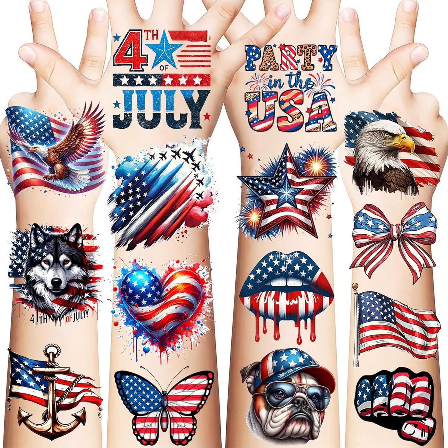 American Patriotic Temporary Tattoos - 49 PCS Red, White & Blue USA Flag Designs for 4th of July Celebrations | Party Favors & Decorations
