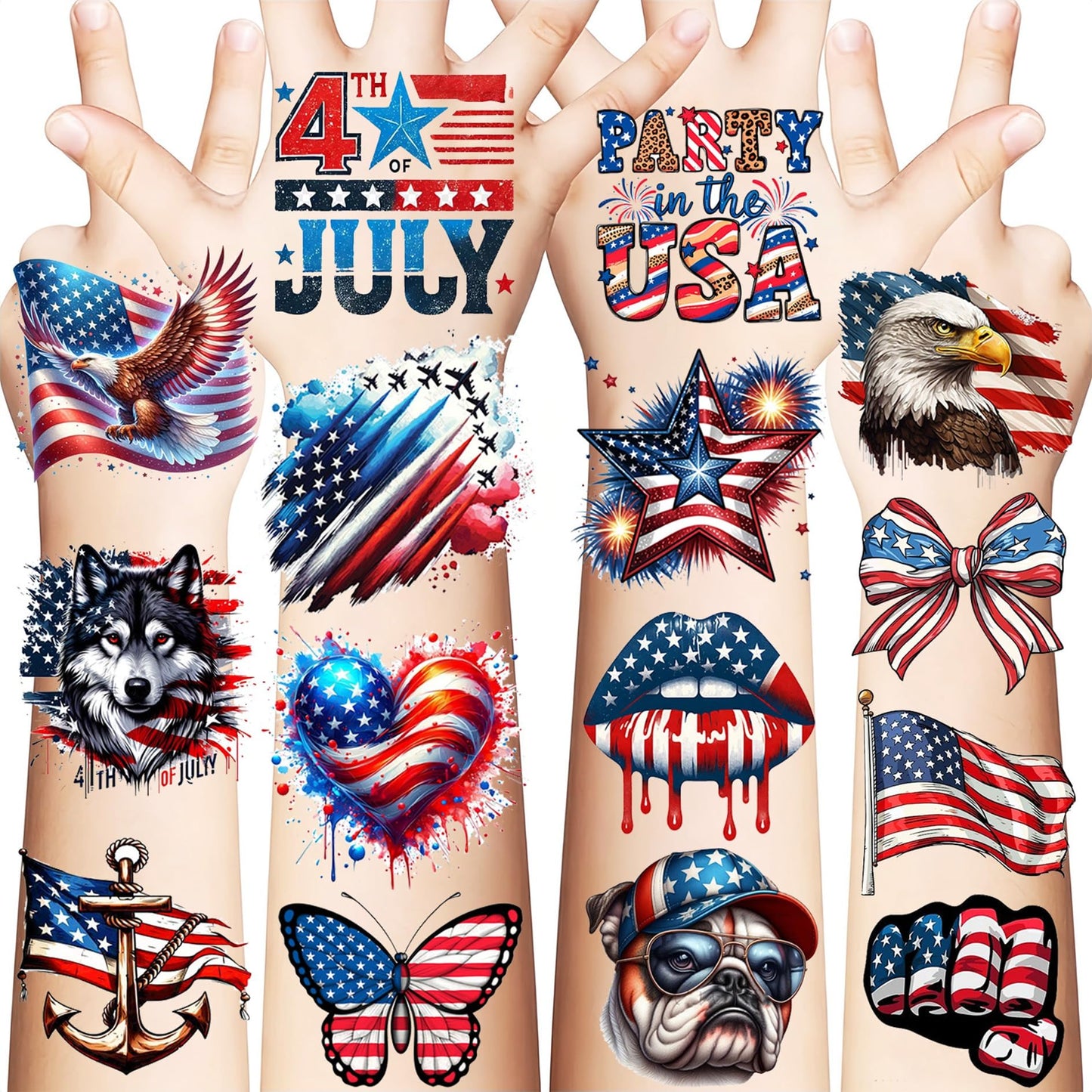 49 PCS American Patriotic Tattoos 4th Of July Independence Day Temporary Tattoos Memorial Veterans Labor Day Decoration, Red White And Blue USA Flag Fake Tattoo Sticker Party Favors Party Accessories