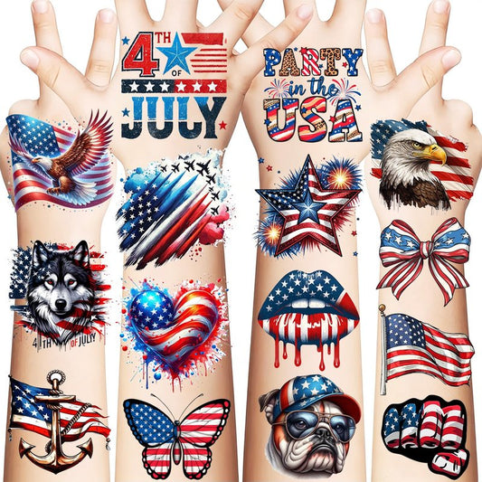 49 PCS American Patriotic Tattoos 4th Of July Independence Day Temporary Tattoos Memorial Veterans Labor Day Decoration, Red White And Blue USA Flag Fake Tattoo Sticker Party Favors Party Accessories