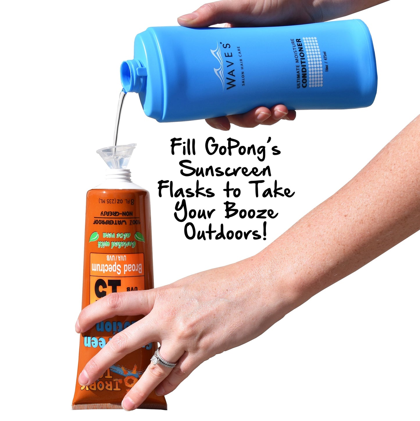 GoPong Shampoo & Conditioner Flasks (32 oz Total) - Hidden Alcohol Travel Flasks - 2 Secret Liquor Containers for Cruises – Includes Funnel & Spout