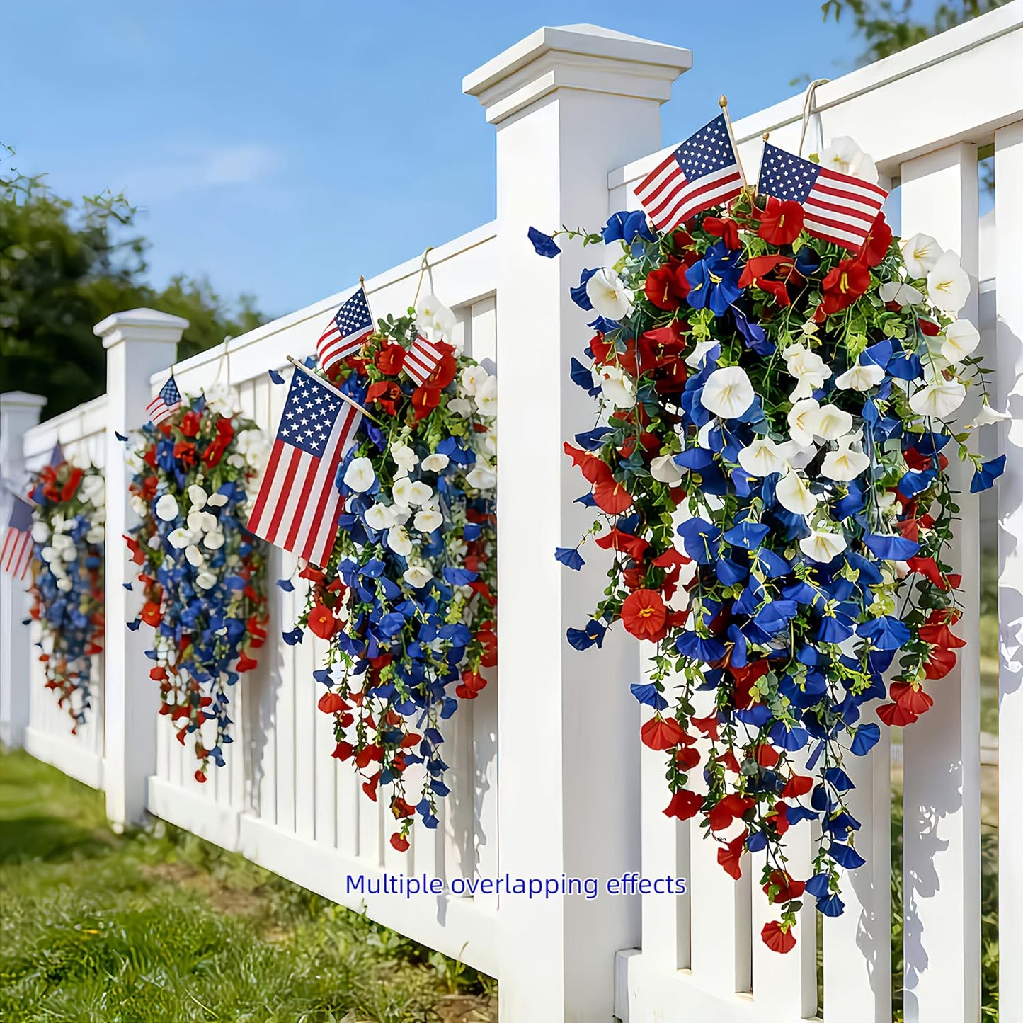 Patriotic Hanging Artificial Flowers - 3-Piece Red, White & Blue Floral Baskets | 4th of July & Memorial Day Outdoor Decor